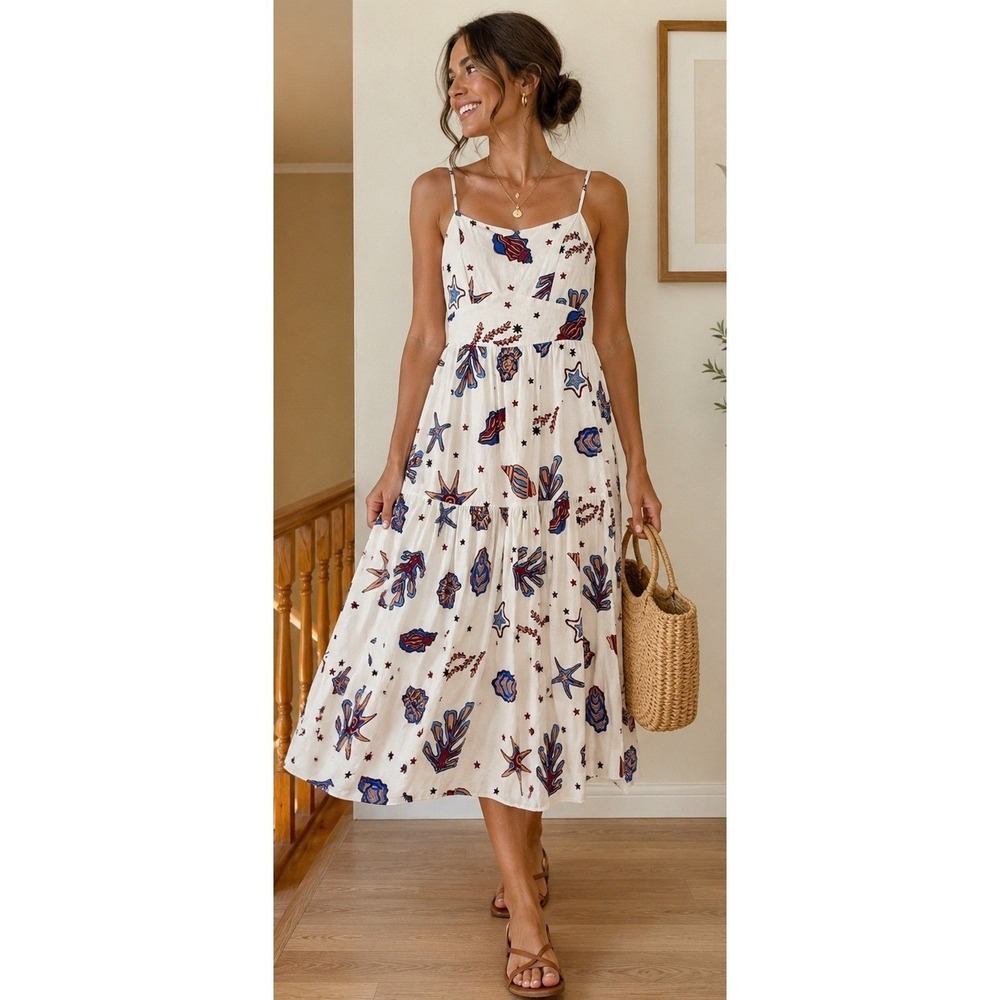 C&C California Linen Blend Seashell Print Midi Dress White L NWT Resort Vacation - Picture 1 of 7